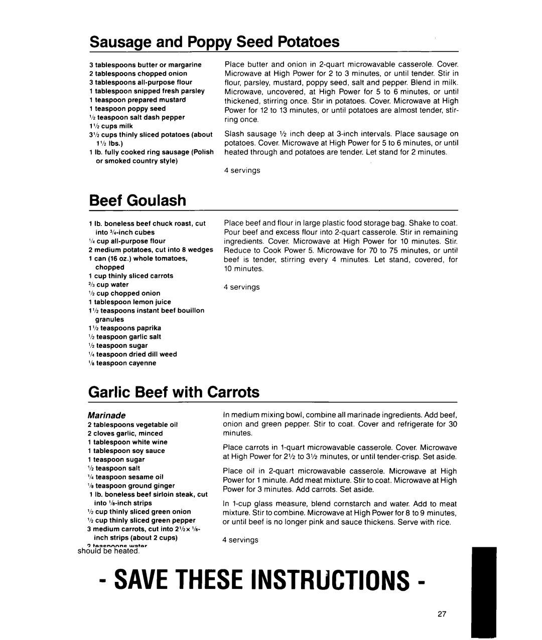 Whirlpool MS1650XW, MS1451XWI manual Sausage and Poppy Seed Potatoes, Beef Goulash, Garlic Beef with Carrots, Marinade 