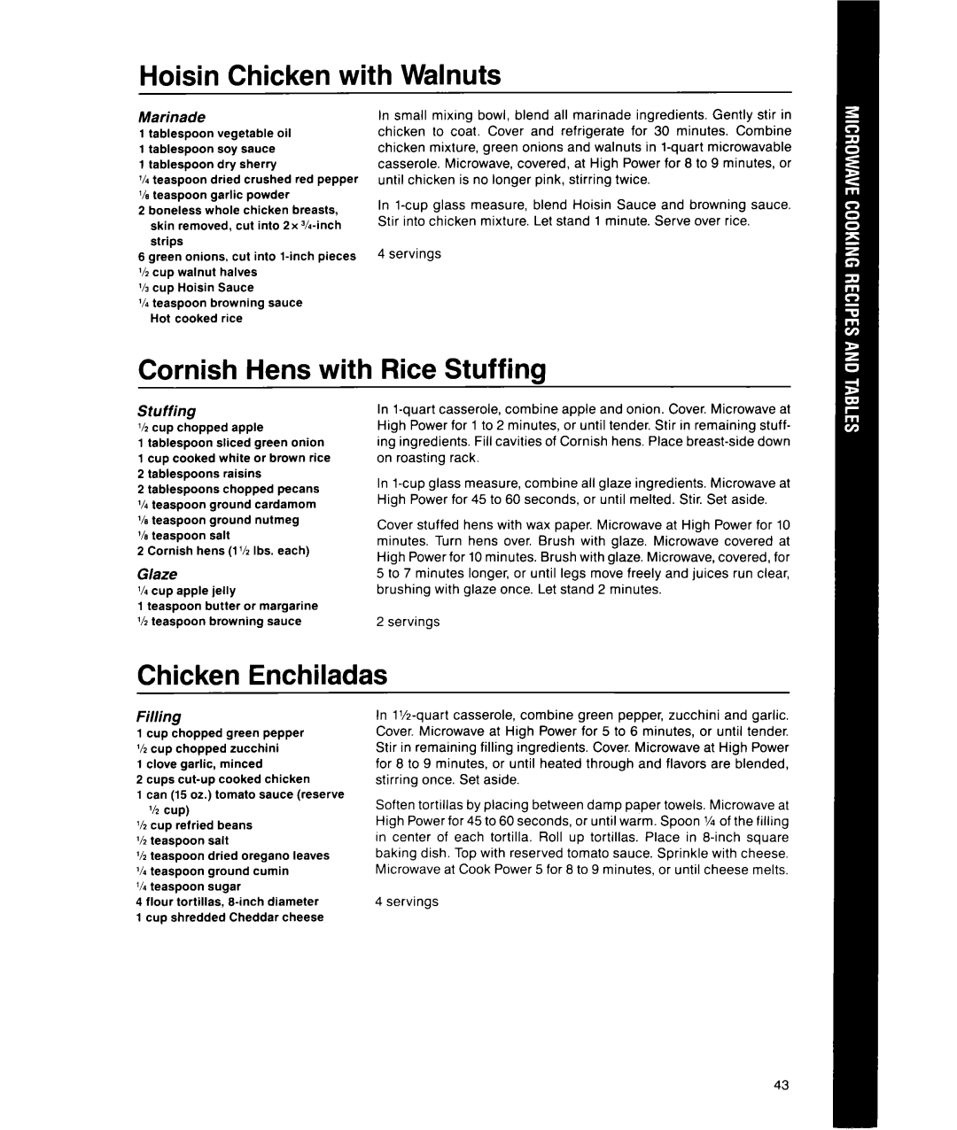 Whirlpool MS1451XWI, MS1650XW manual Hoisin Chicken with Walnuts, Cornish Hens with Rice Stuffing, Chicken Enchiladas 