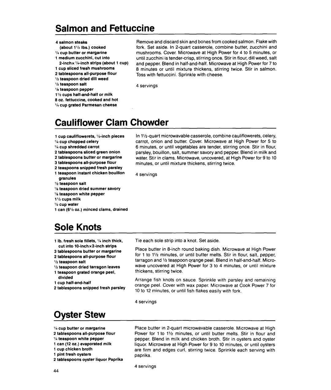 Whirlpool MS1650XW, MS1451XWI manual Salmon and Fettuccine, Cauliflower Clam Chowder, Sole Knots, Oyster Stew 