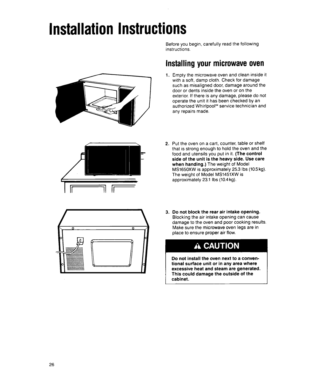 Whirlpool MS1650XW, MS1451XWI manual Installation Instructions, Installing your microwaveoven 