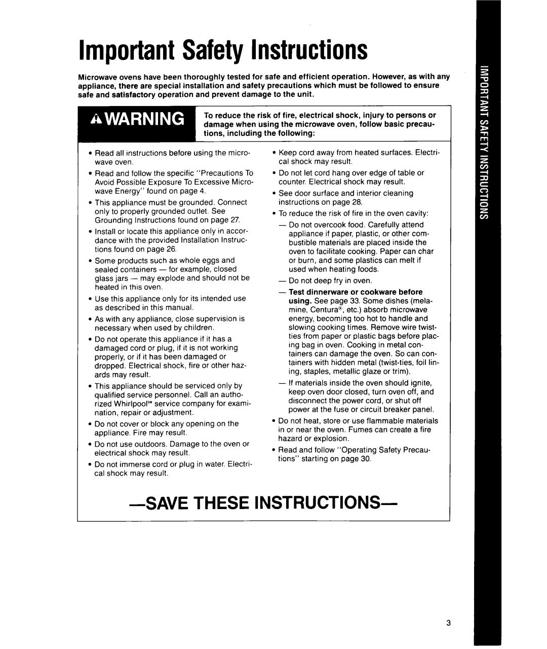 Whirlpool MS1451XWI, MS1650XW manual Important Safety Instructions, Savethese Instructions 