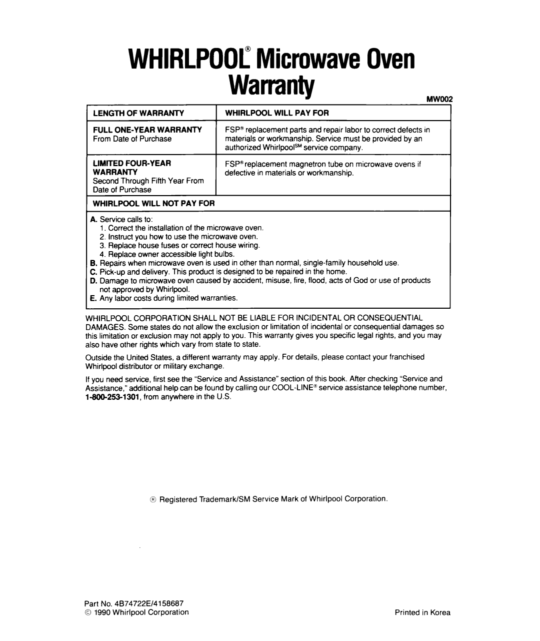 Whirlpool MS1650XW, MS1451XWI manual WHIRLPOOrMicrowaveOven Warranty 