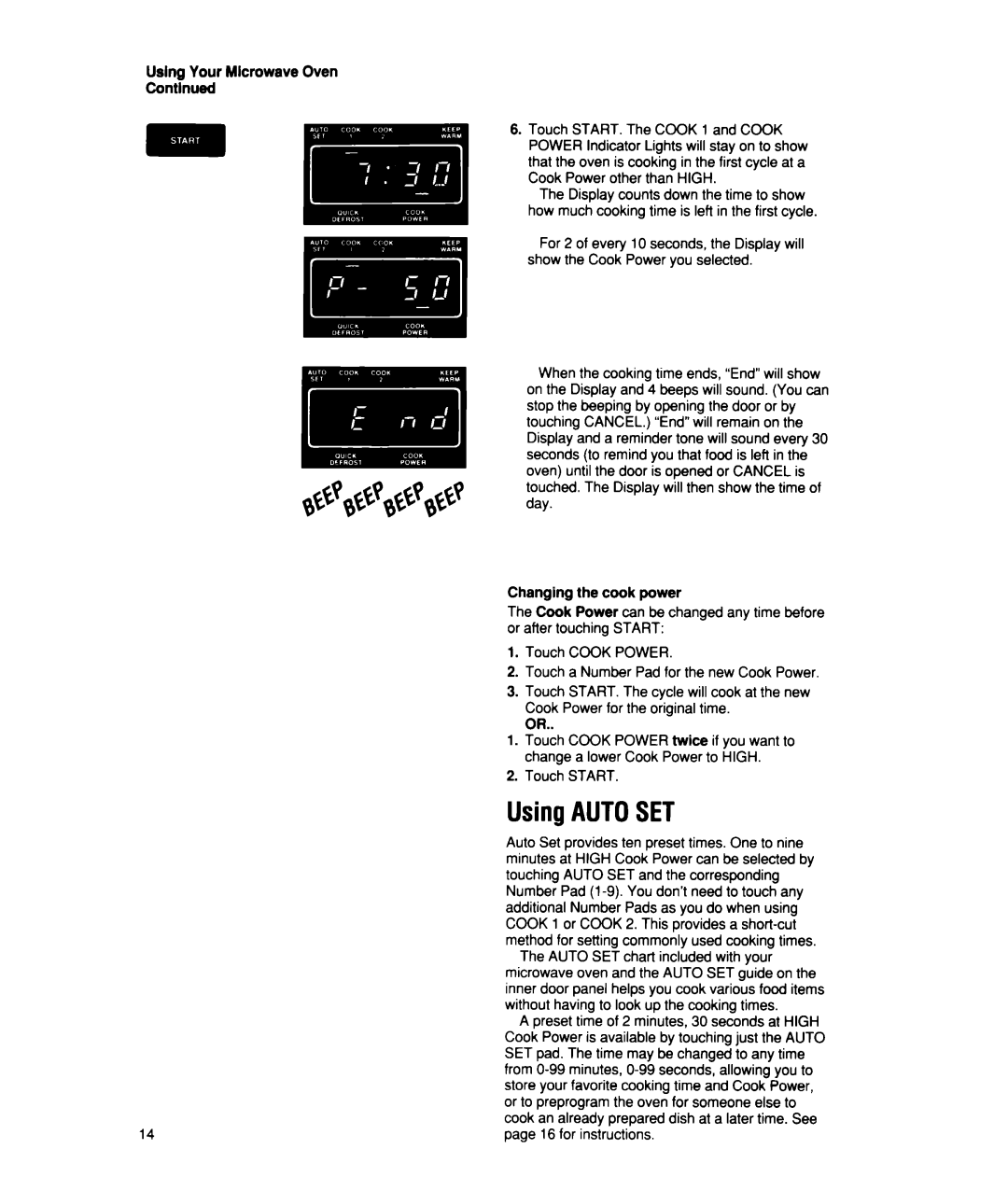 Whirlpool MS2100XW, MS2101XW manual Using Autoset, Uslng Your Microwave Oven Contlnued, Changing the cook power 