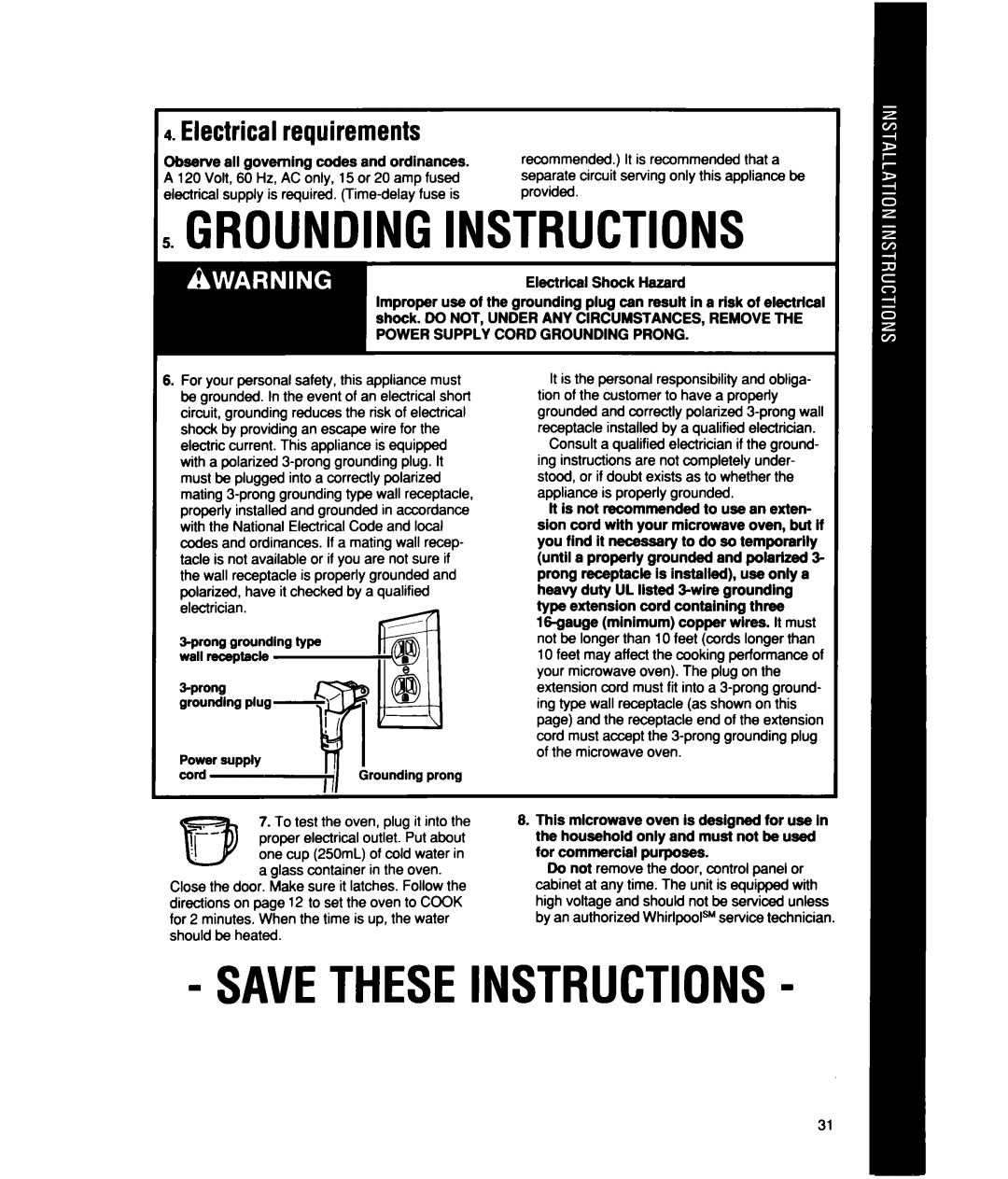 Whirlpool MS2101XW, MS2100XW Electrical requirements, Observe all governing codes and ordinances, Electrical Shock Hazard 