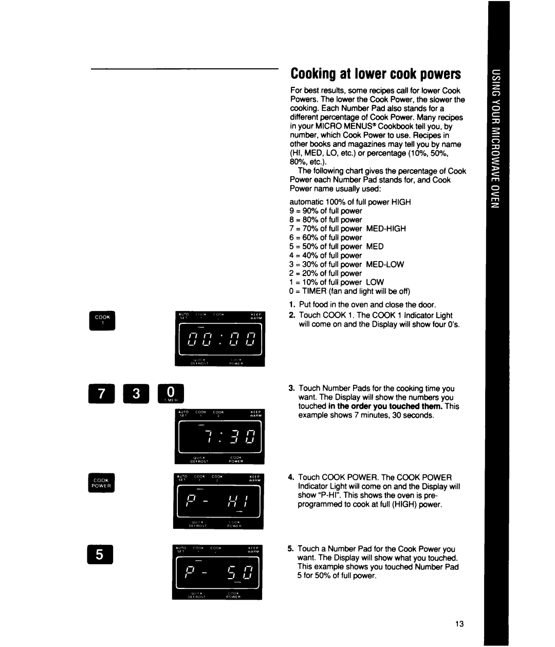 Whirlpool MS2101XW, MS2100XW manual Cooking at lower cook powers 
