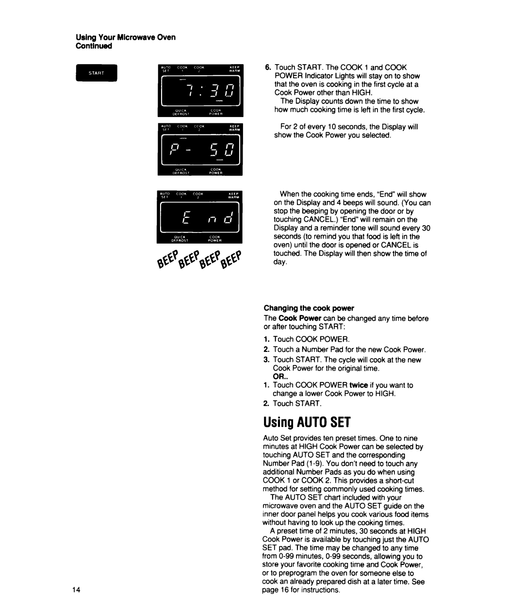 Whirlpool MS2100XW, MS2101XW manual Using AUTOSET, Uslng Your Microwave Oven Contlnued, Changing the cook power 