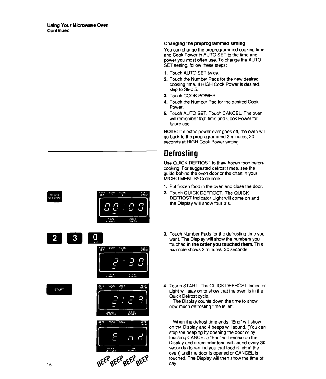 Whirlpool MS2100XW, MS2101XW manual Defrosting, Using Your Microwave Oven Contlnued, Changing the preprogrammed setting 