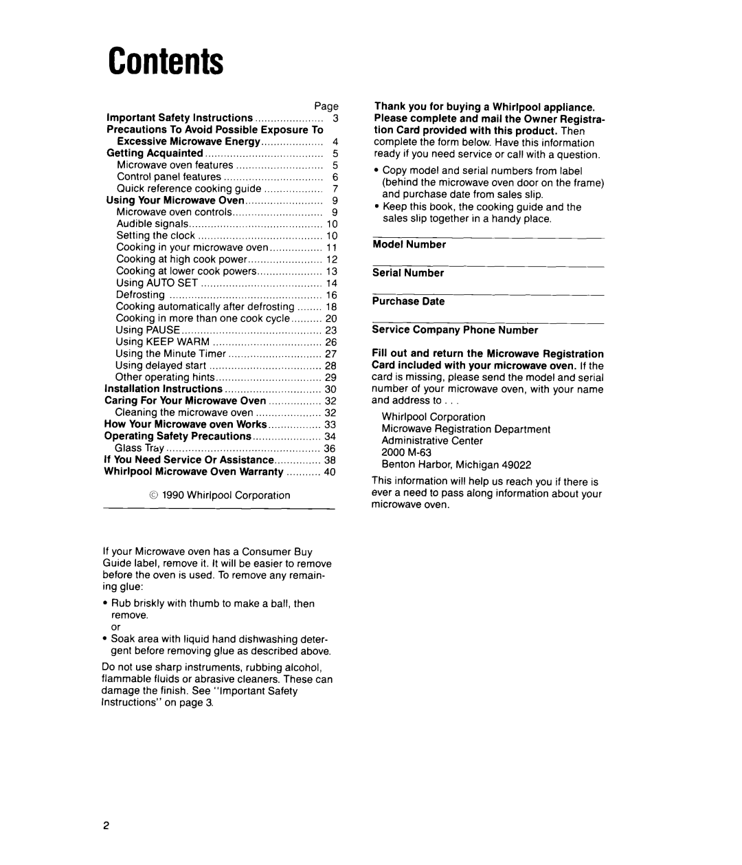 Whirlpool MS2100XW, MS2101XW manual Contents 