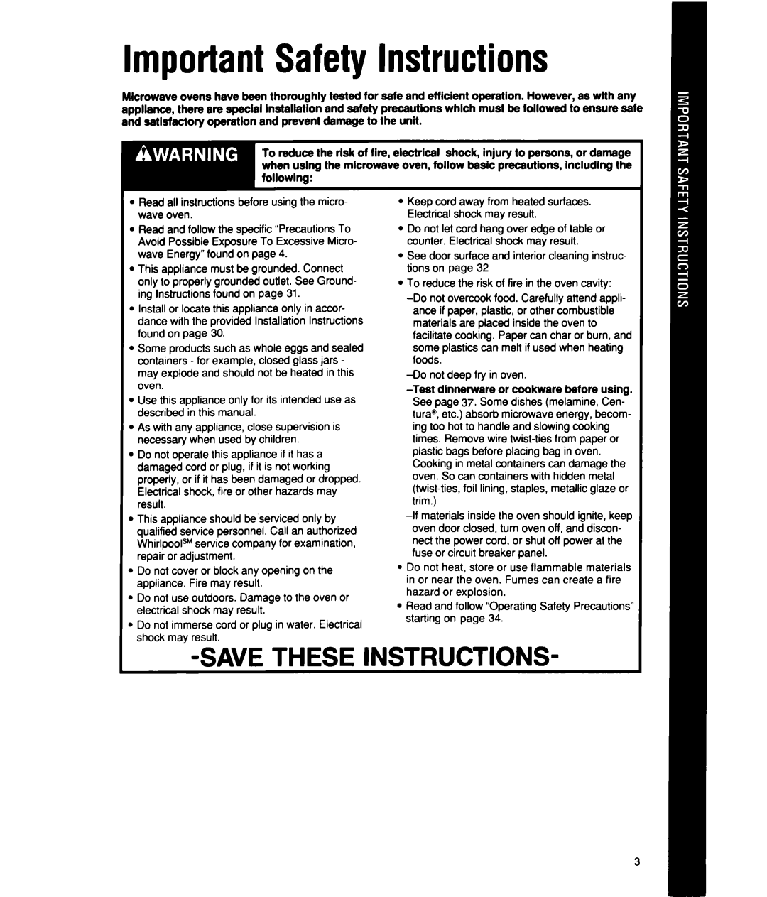 Whirlpool MS2101XW manual Important Safety Instructions, Testdinnerware or cookware before using, Savethese Instructions 