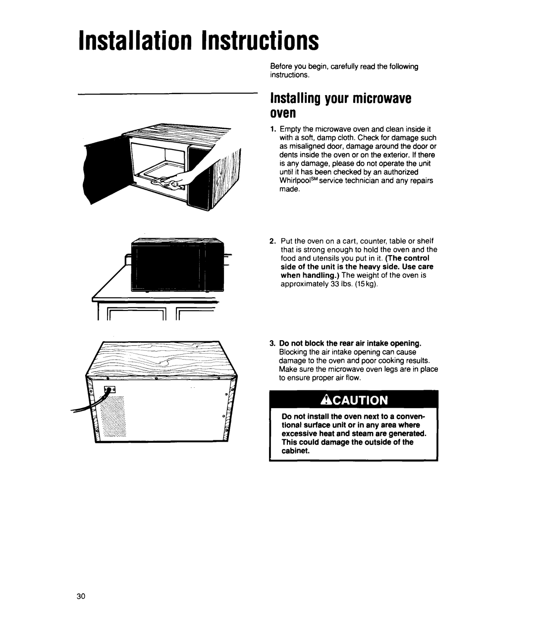 Whirlpool MS2100XW Installation Instructions, Installing your microwave oven, Do not block the rear air intake opening 