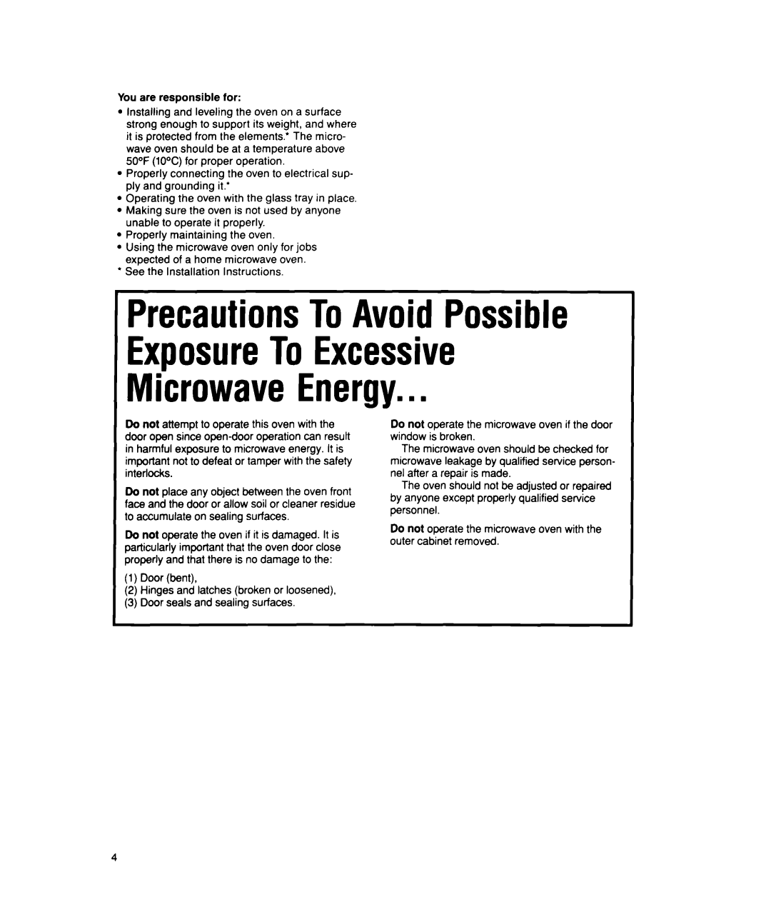 Whirlpool MS2100XW, MS2101XW manual PrecautionsToAvoid Possible ExposureTo Excessive, Microwave Energy.n n 