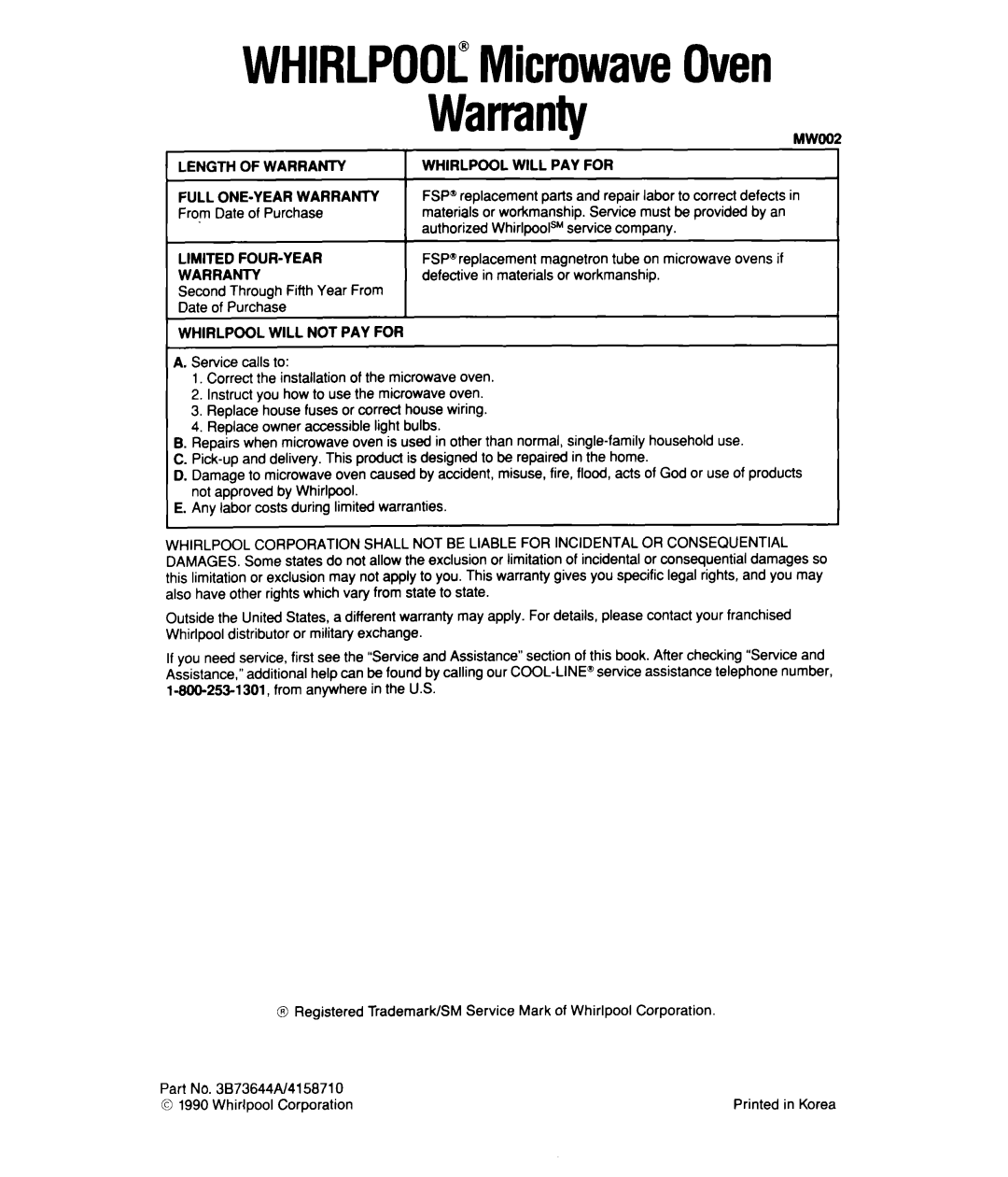 Whirlpool MS2100XW, MS2101XW manual WHIRLPOOL”MicrowaveOven 