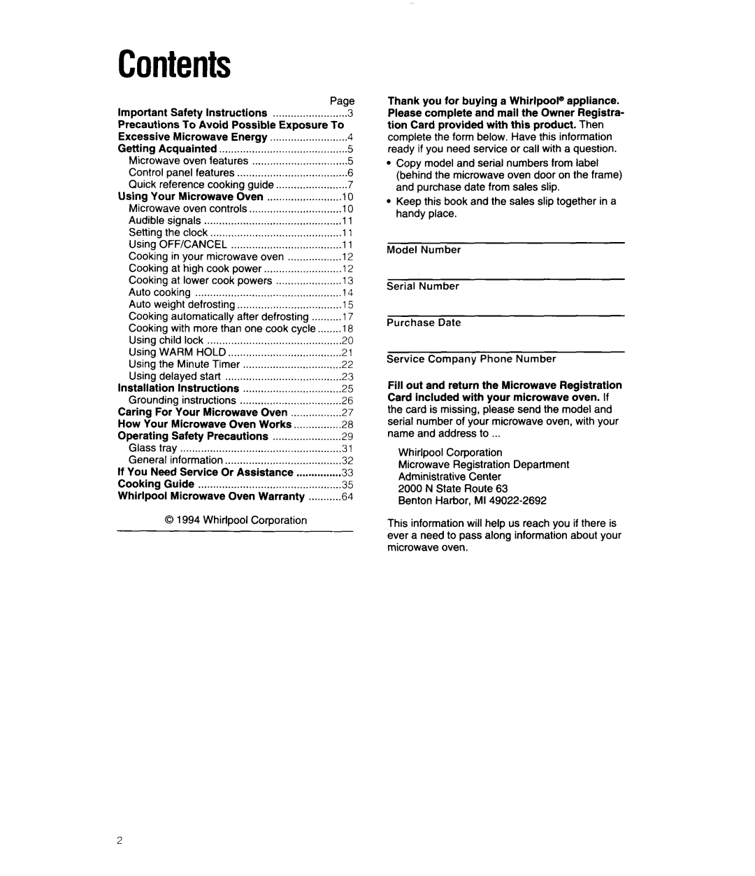 Whirlpool MS3080XB user manual Contents 