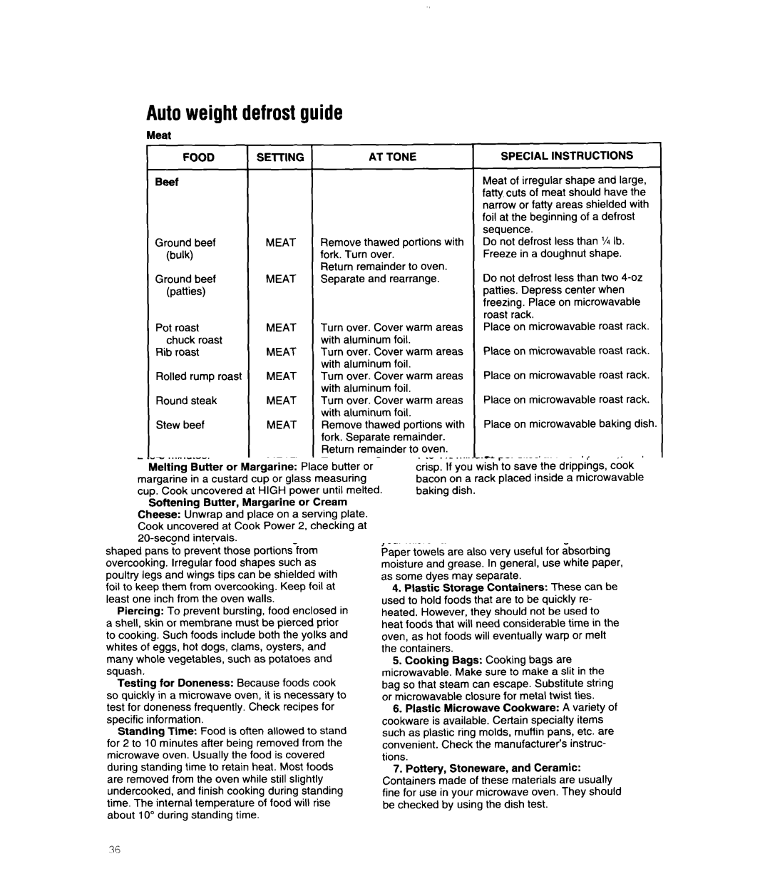 Whirlpool MS3080XB user manual Autoweight defrostguide, Food, Meat, Special Instructions 