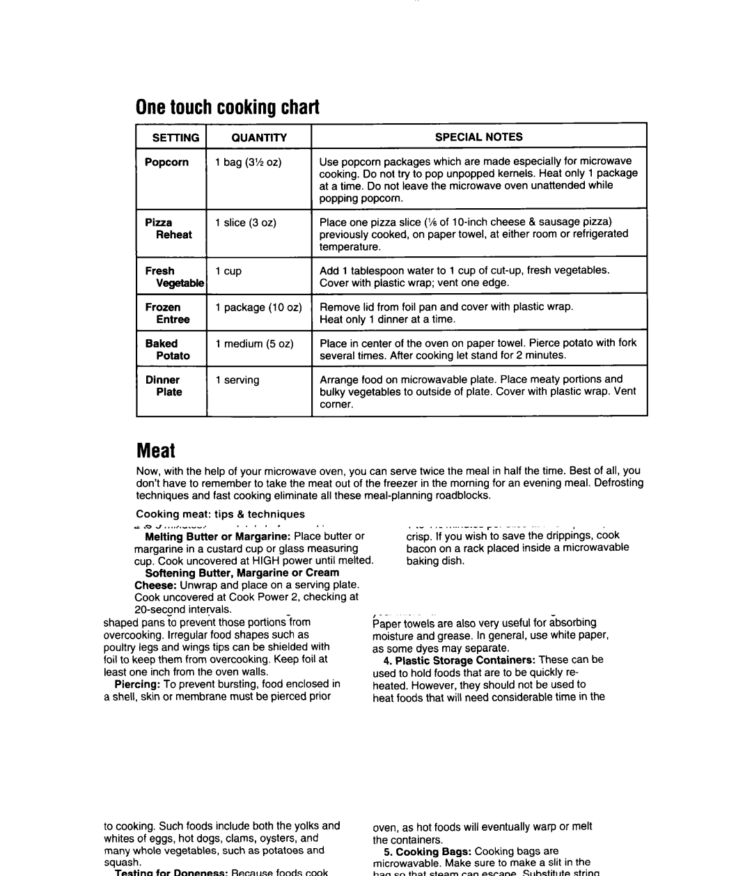 Whirlpool MS3080XB user manual Onetouchcookingchart, Meat, Special Notes 