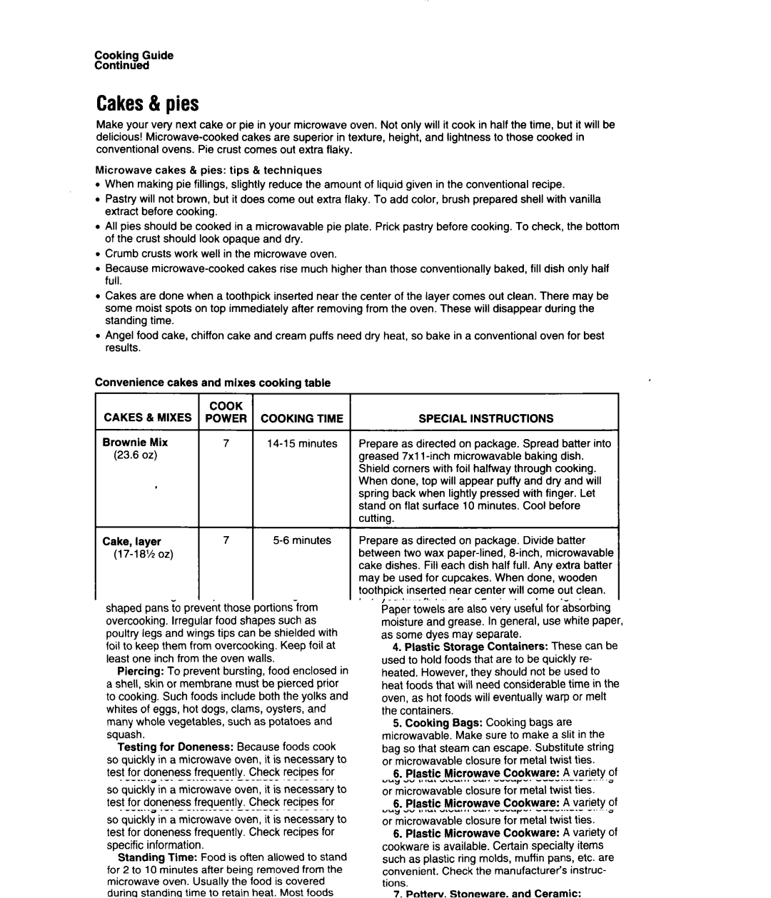 Whirlpool MS3080XB user manual Cakes& pies, Cakes Mixes, Instructions 