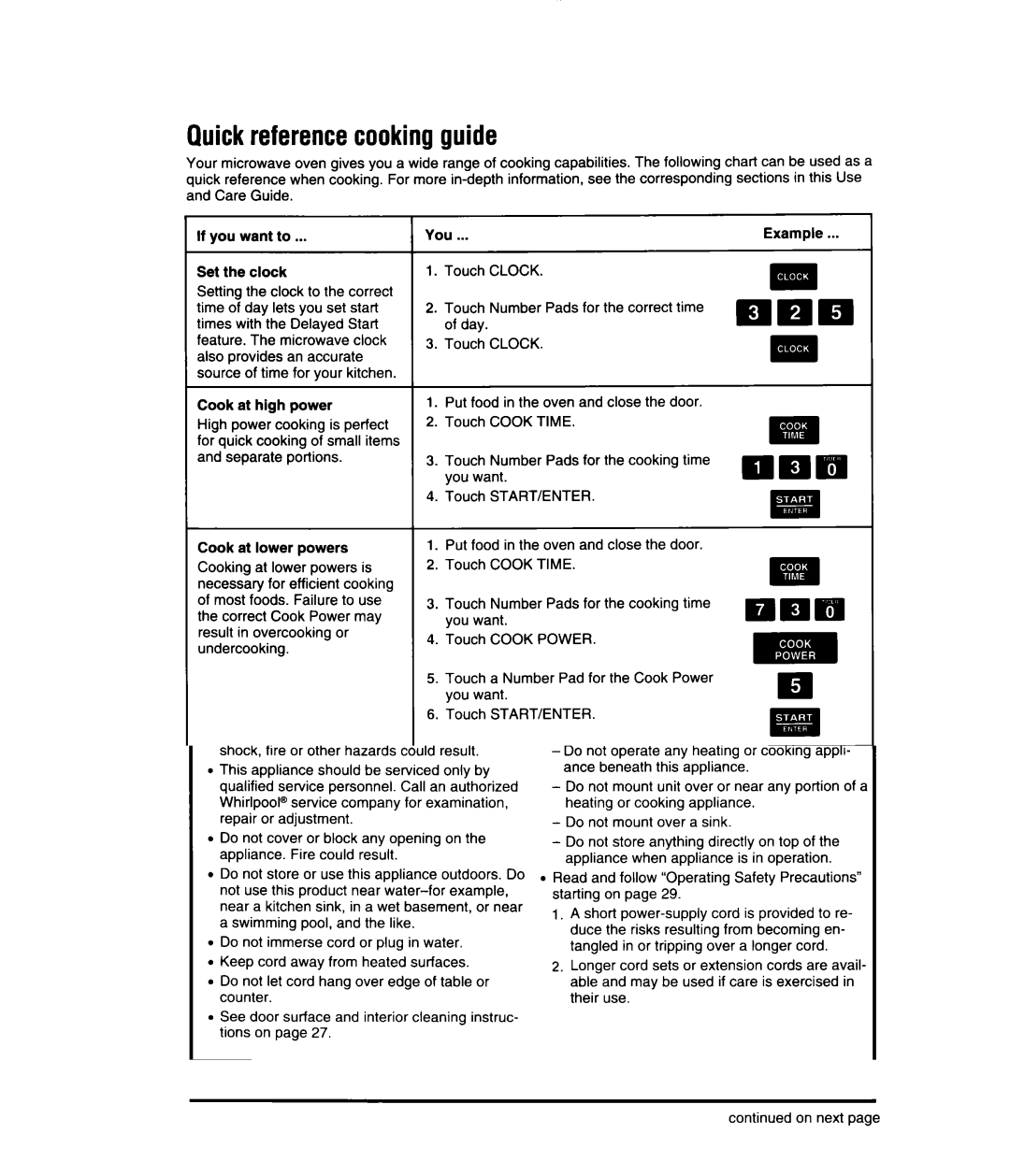 Whirlpool MS3080XB user manual Quickreferencecookingguide, Oeib, Hei 