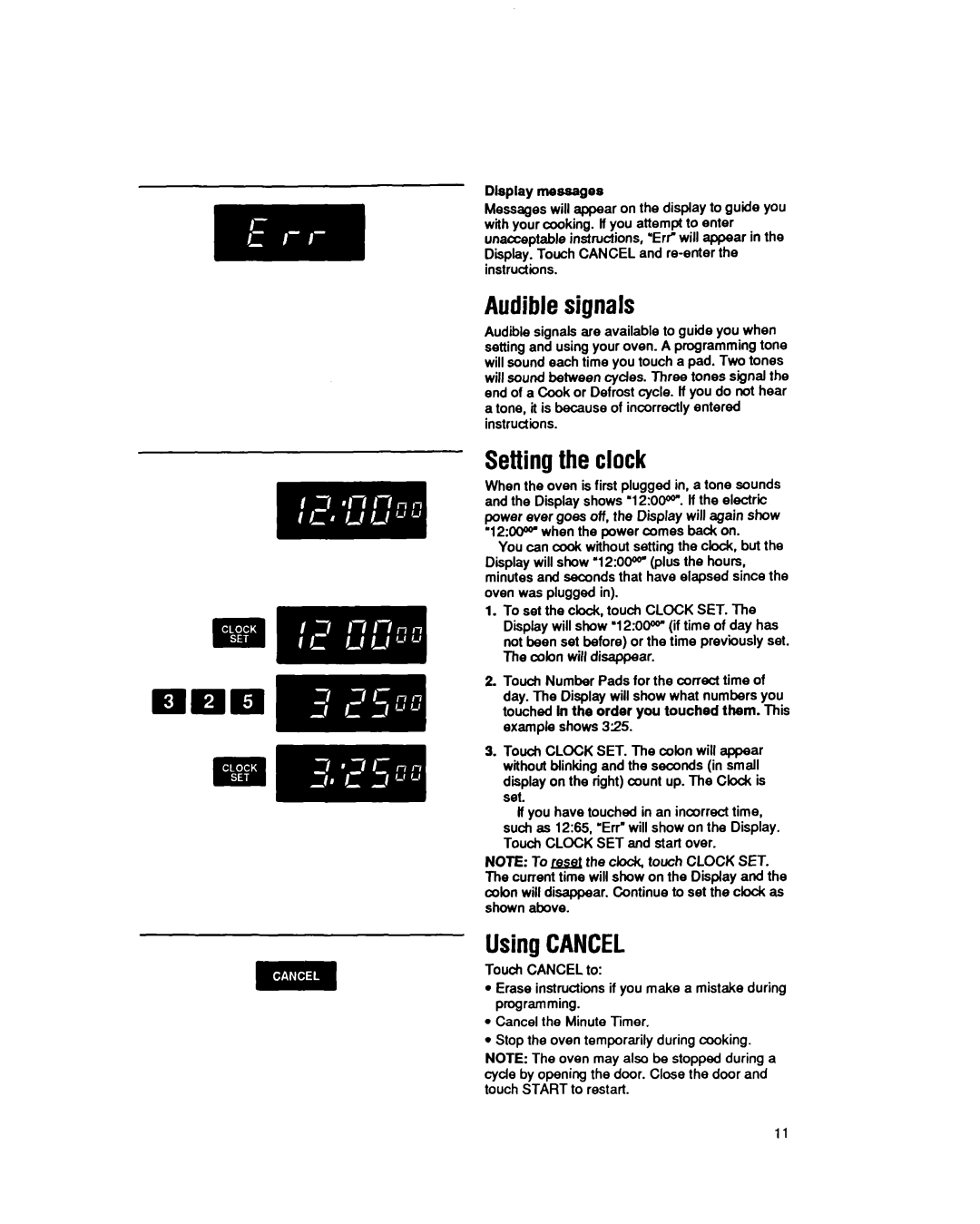 Whirlpool MS3080XY user manual Audiblesignals, Settingthe clock, UsingCANCEL, Display messages 