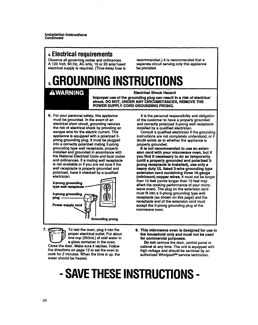 Whirlpool MS3080XY user manual Electricalrequirements, Lnstsllatbn lnstructbns Contlnued 