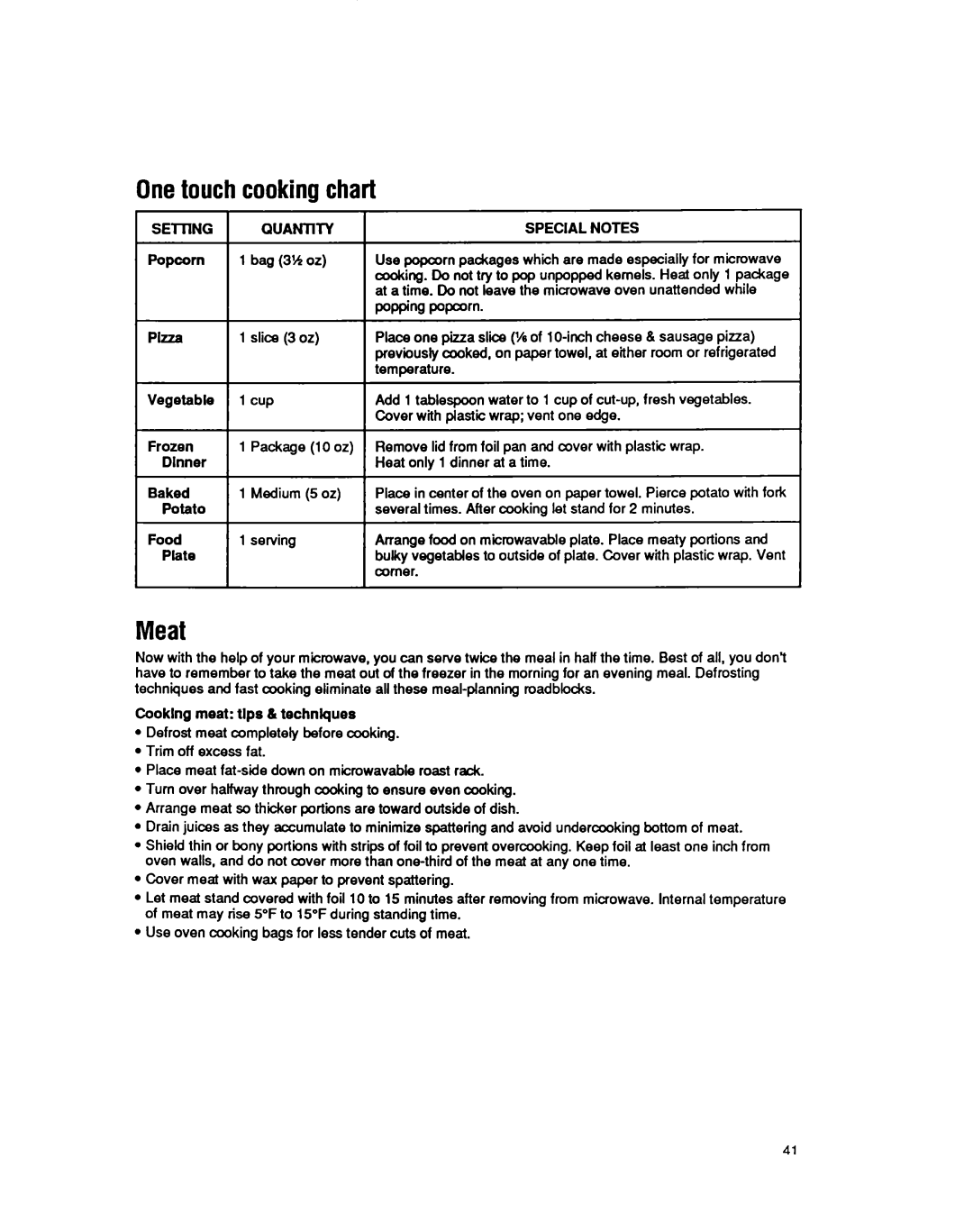 Whirlpool MS3080XY user manual Onetouchcookingcha2, Meat, Special Notes 