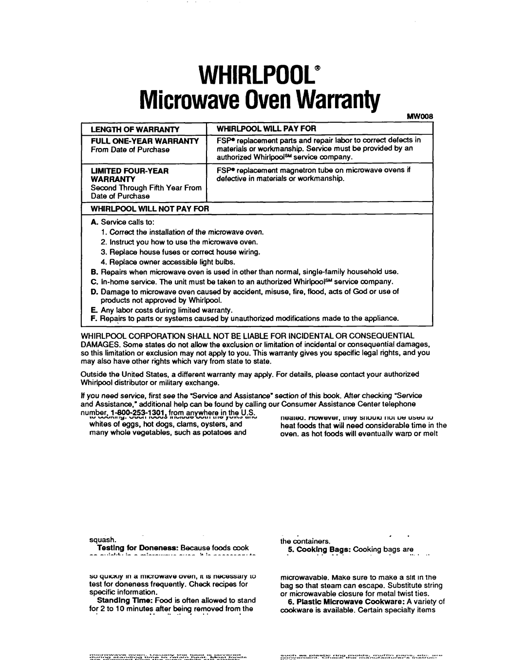 Whirlpool MS3080XY user manual Limited FOUR-YEAR Warranty, WHlRLPOOL WlLL PAY for, Whirlpool WlLL not PAY for 