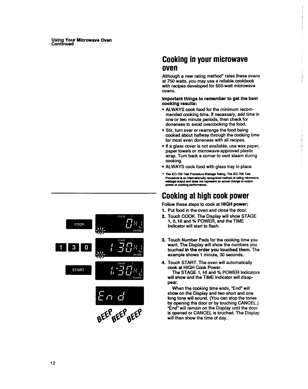 Whirlpool MS3080XY user manual Cookingin your microwave oven, Cookingat high cookpower, Uslng Your Microwave Oven Contmued 