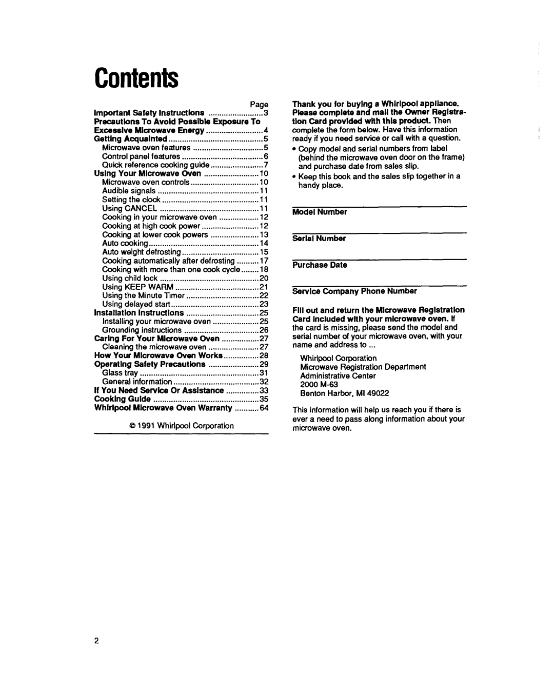 Whirlpool MS3080XY user manual Contents 