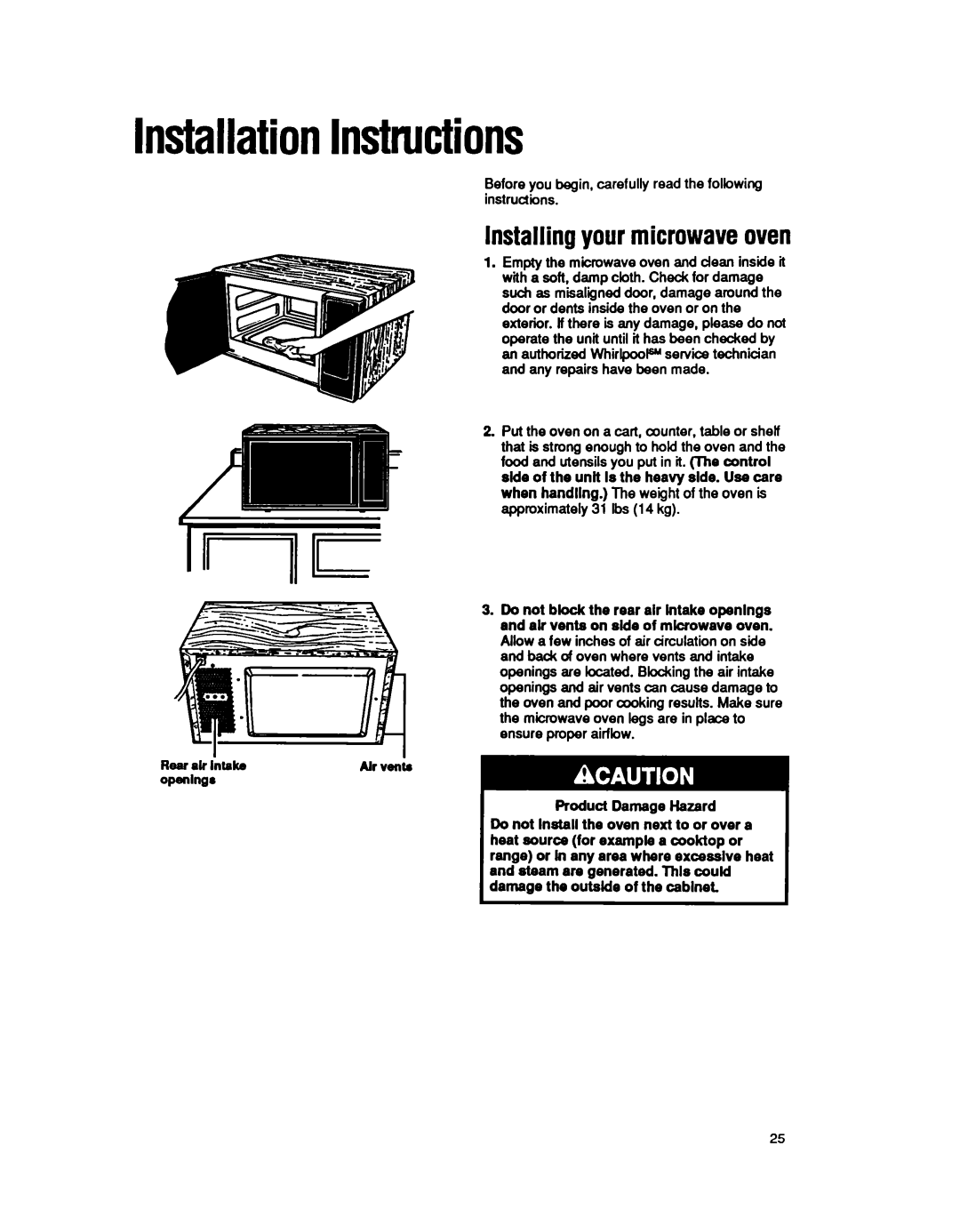 Whirlpool MS3080XY user manual Installation Instructions, Installingyour microwaveoven, Airwiltr 