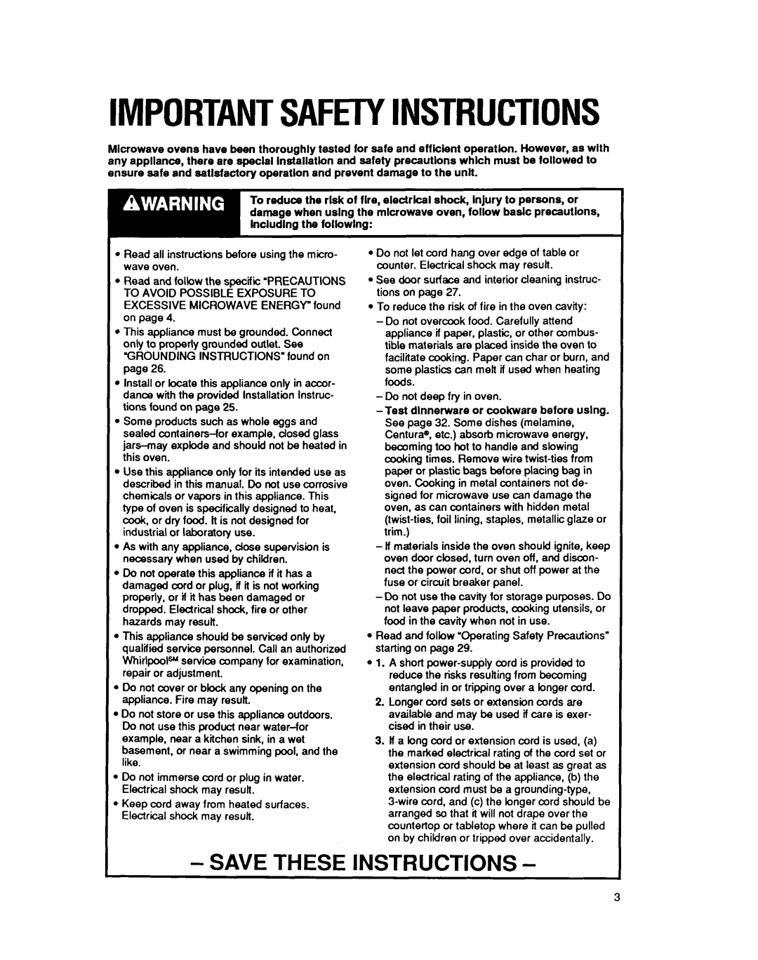 Whirlpool MS3080XY user manual Importantsafetyinstructions, Save These Instructions 