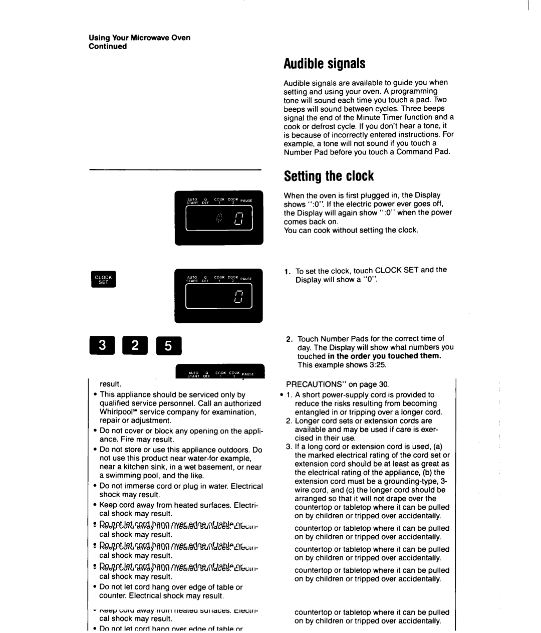 Whirlpool MSI040XY, MSI065XY user manual Audible signals, Setting the clock, Using Your Microwave Oven 