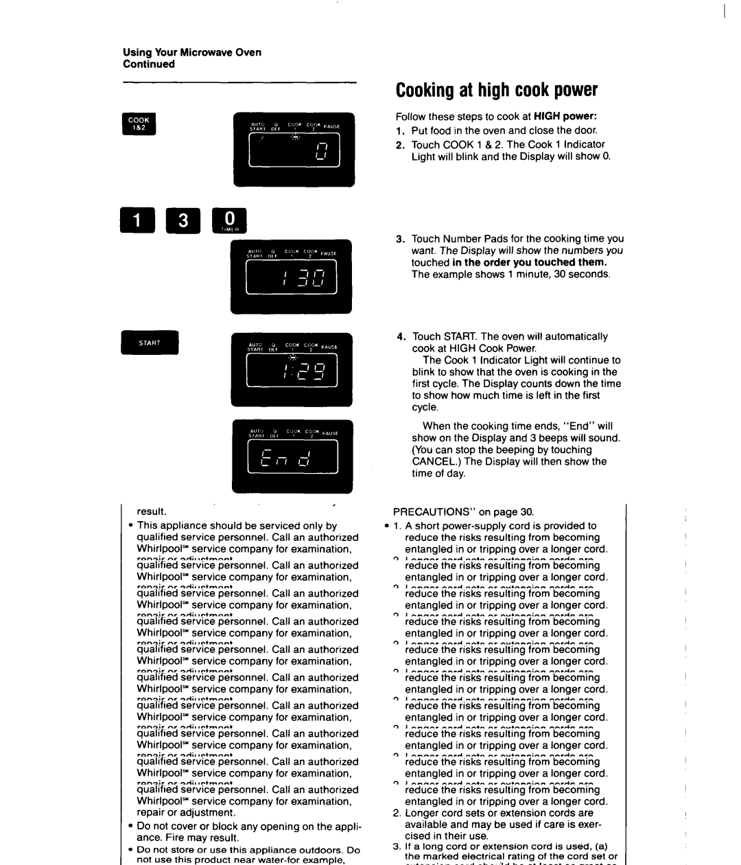 Whirlpool MSI040XY, MSI065XY user manual Cookingat high cook power, Example shows 1 minute, 30 seconds 