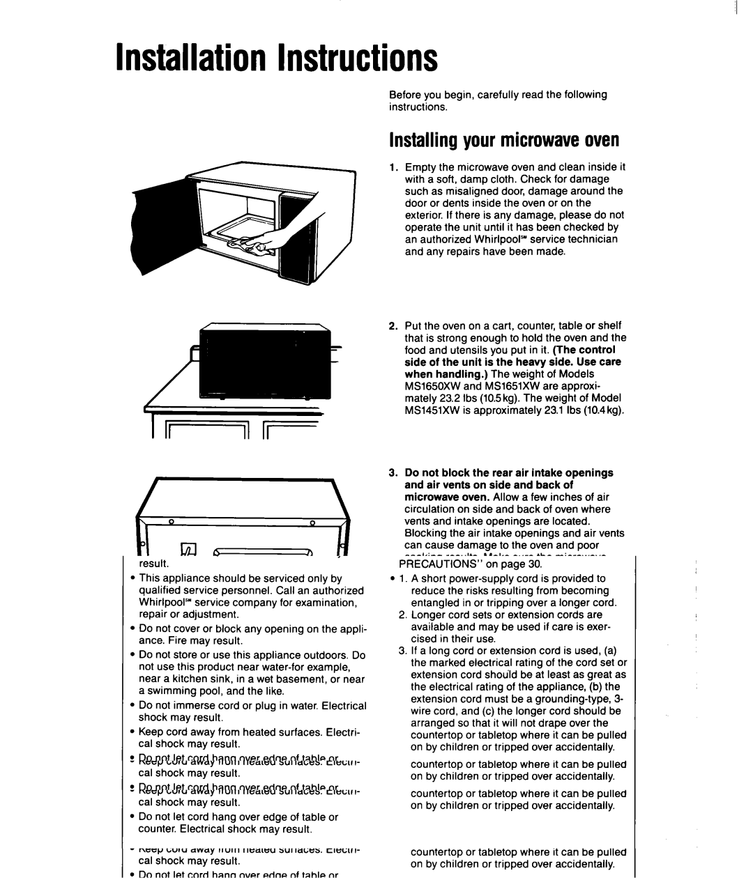 Whirlpool MSI040XY, MSI065XY user manual InstallationInstructions, Installing your microwaveoven 