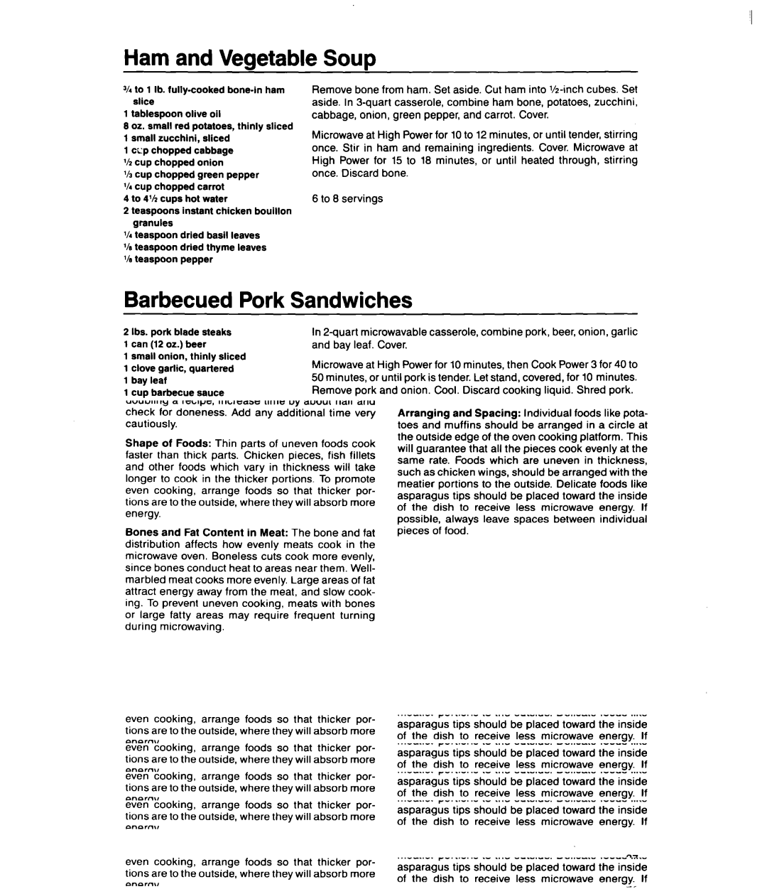Whirlpool MSI040XY, MSI065XY user manual Ham and Vegetable Soup, Barbecued Pork Sandwiches, Bacon-Cheese Burgers 