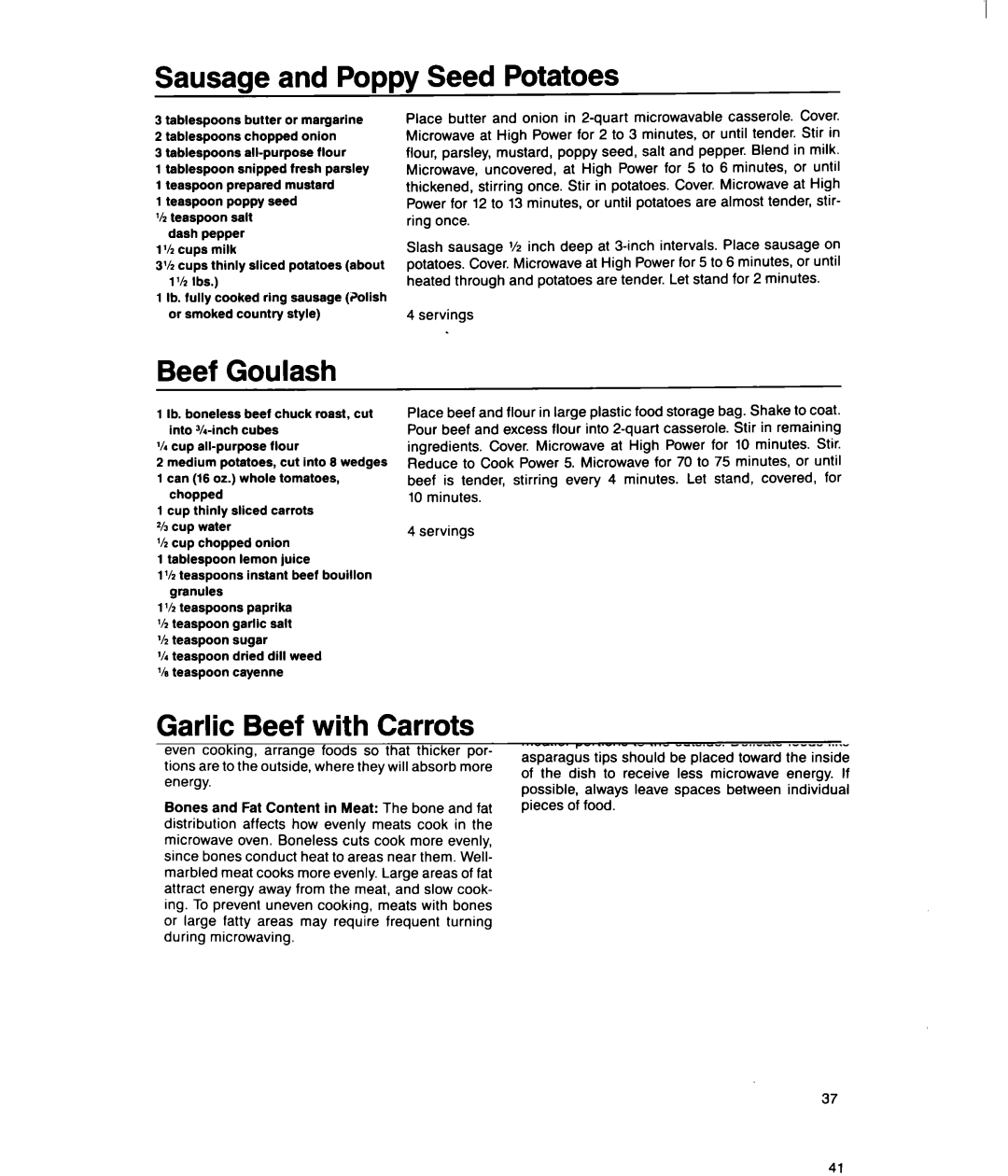 Whirlpool MSI040XY, MSI065XY user manual Sausage and Poppy Seed Potatoes, Beef Goulash, Garlic Beef with Carrots, Marinade 