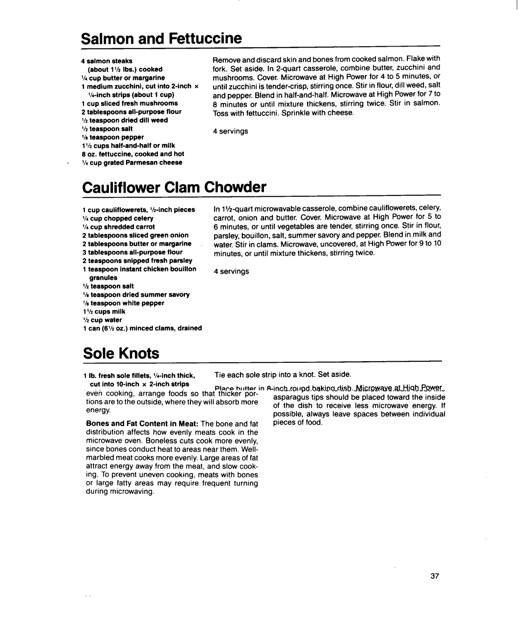 Whirlpool MSI040XY, MSI065XY user manual Salmon and Fettuccine, Cauliflower Clam Chowder, Sole Knots, Oyster Stew 