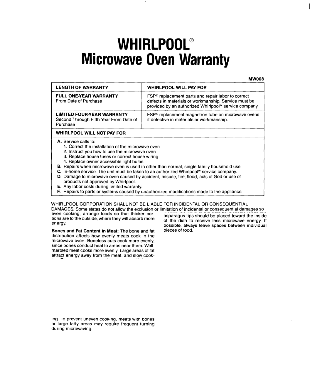 Whirlpool MSI040XY MicrowaveOvenWarranty, From Date of Purchase, Second Through Fifth Year From Date Purchase MWOOEi 