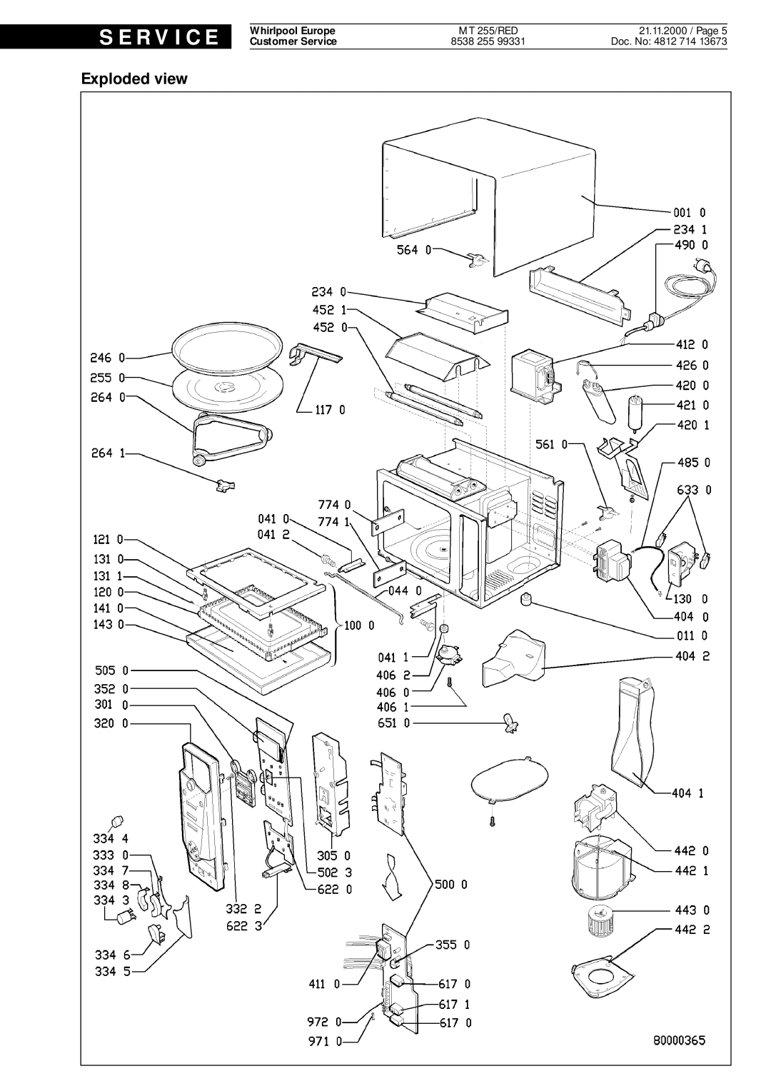 Whirlpool service manual Exploded view, S E R V I C E, MT 255/RED, 21.11.2000 / Page, 8538, Doc. No 