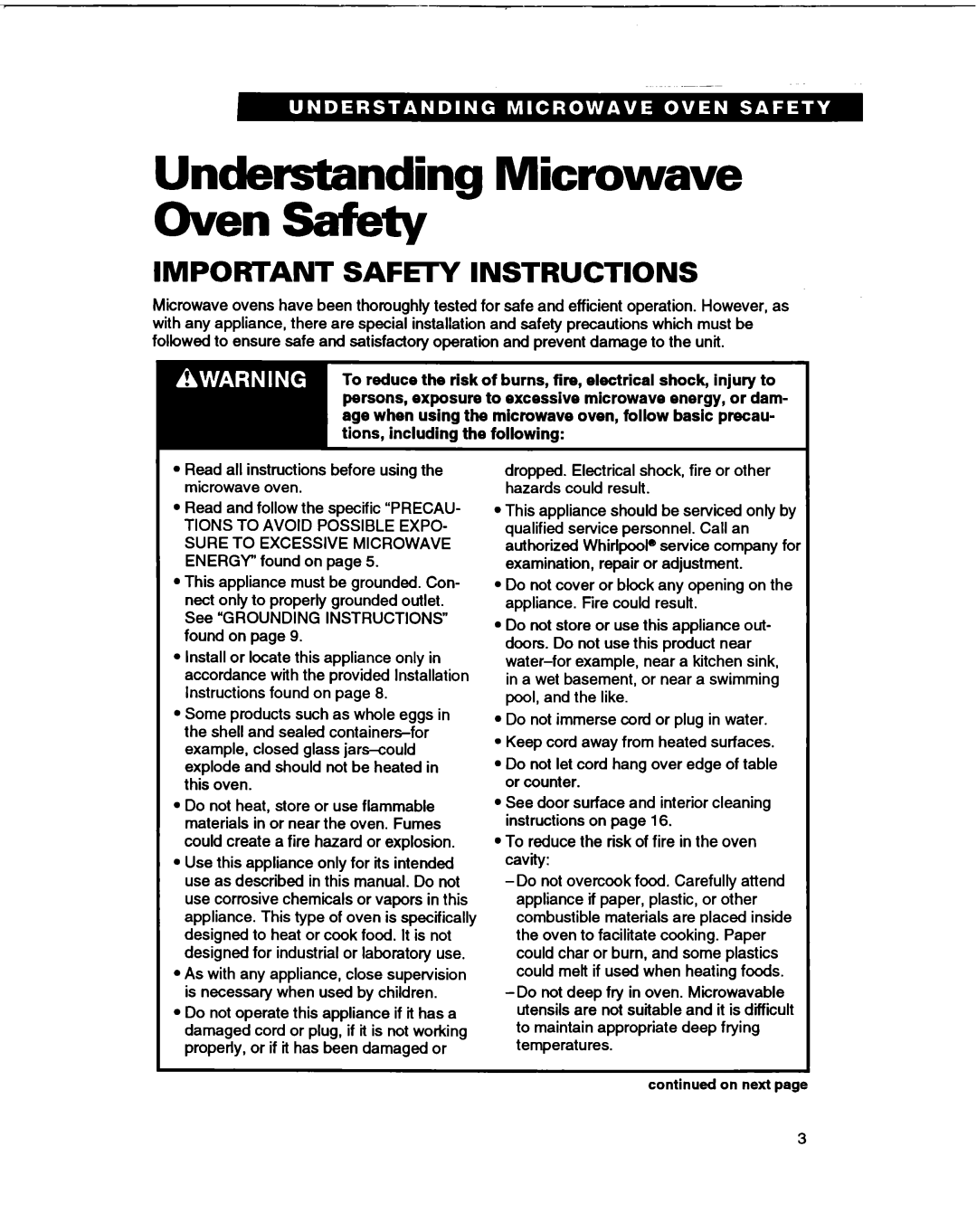 Whirlpool MT0060XB installation instructions Understanding Microwave Oven Safety, Important SAFEl=Y Instructions 