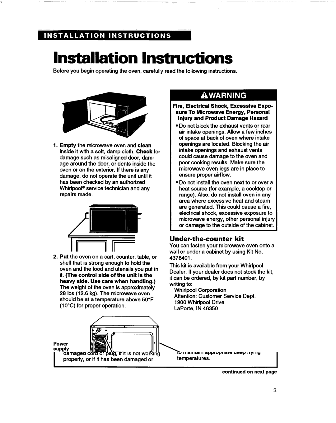 Whirlpool MT0060XB installation instructions Lnstalkrtion Instructions, Under-the-counter kit 