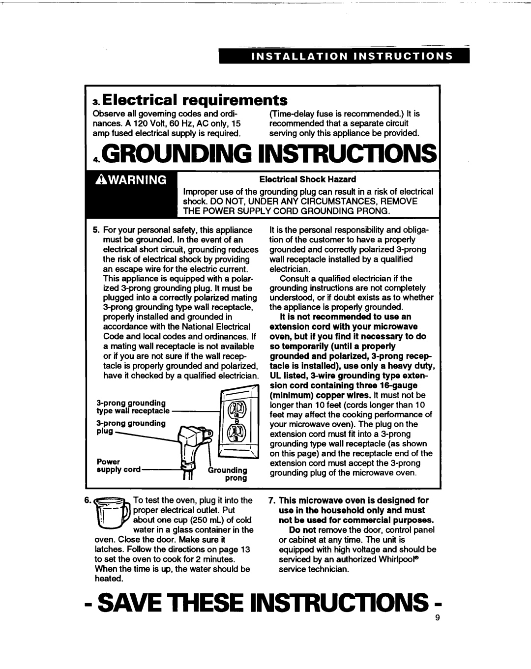 Whirlpool MT0060XB installation instructions Electrical requirements, Electrical Shock Hazard 