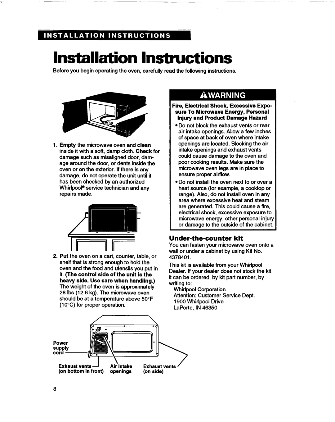 Whirlpool MT0060XB lnstalkrtion Instructions, Under-the-counterkit, Fire, Electrical Shock, Excessive Expo 