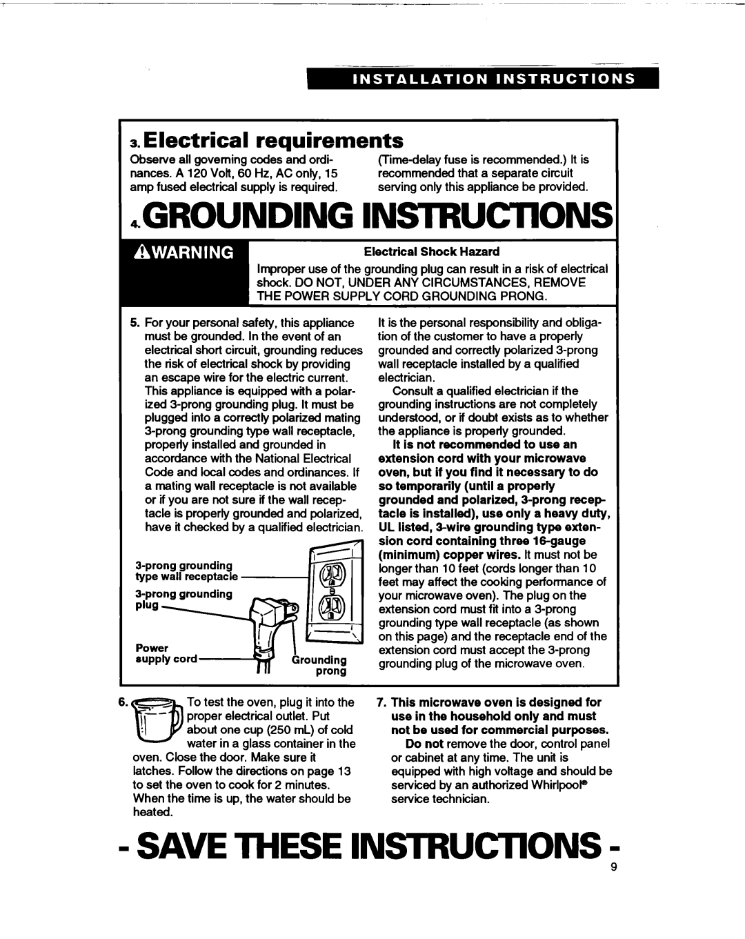 Whirlpool MT0060XB Grounding Instructions, Save These Instructions, Electrical requirements, Electrical Shock Hazard 