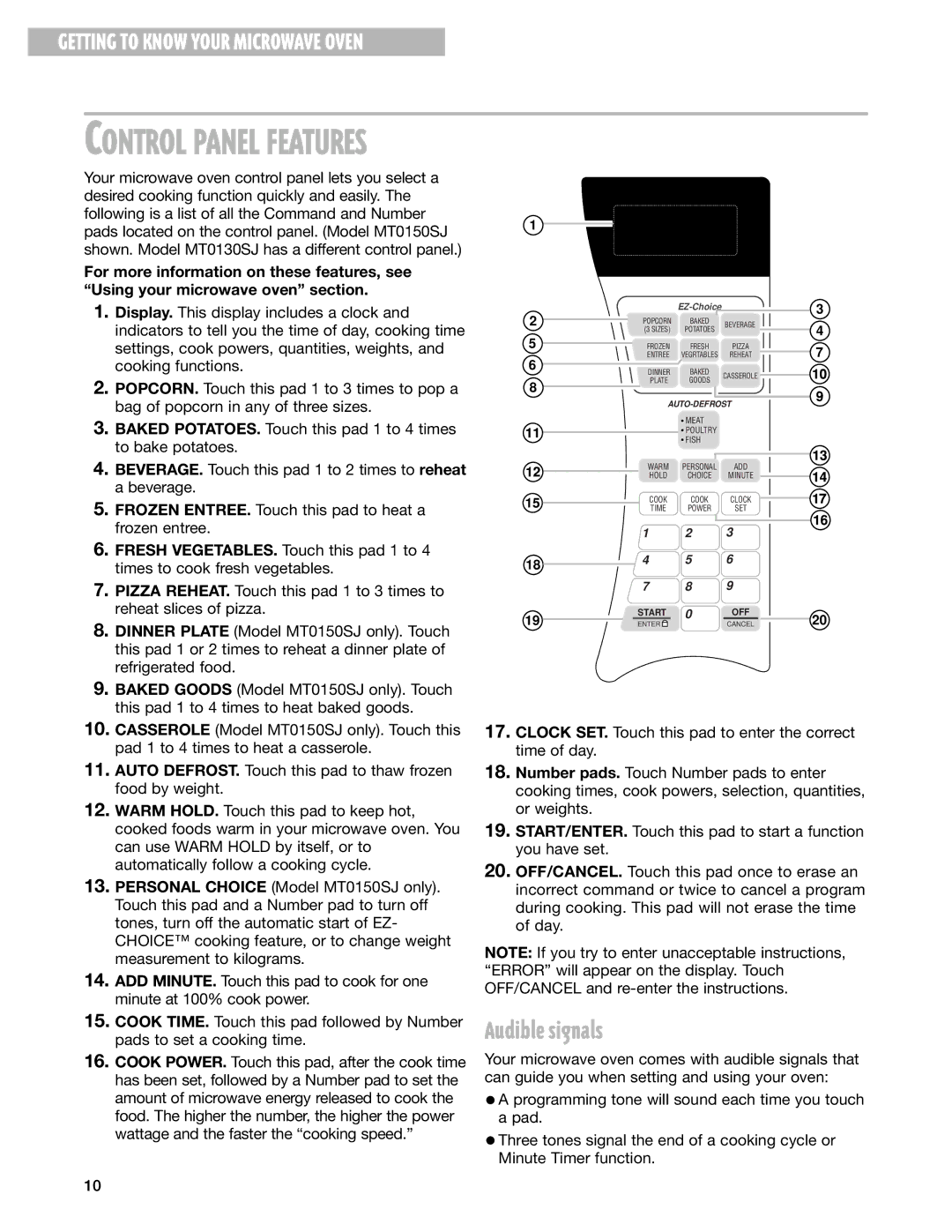 Whirlpool MT0150SJ, MT0130SJ installation instructions Audible signals, Control Panel Features 