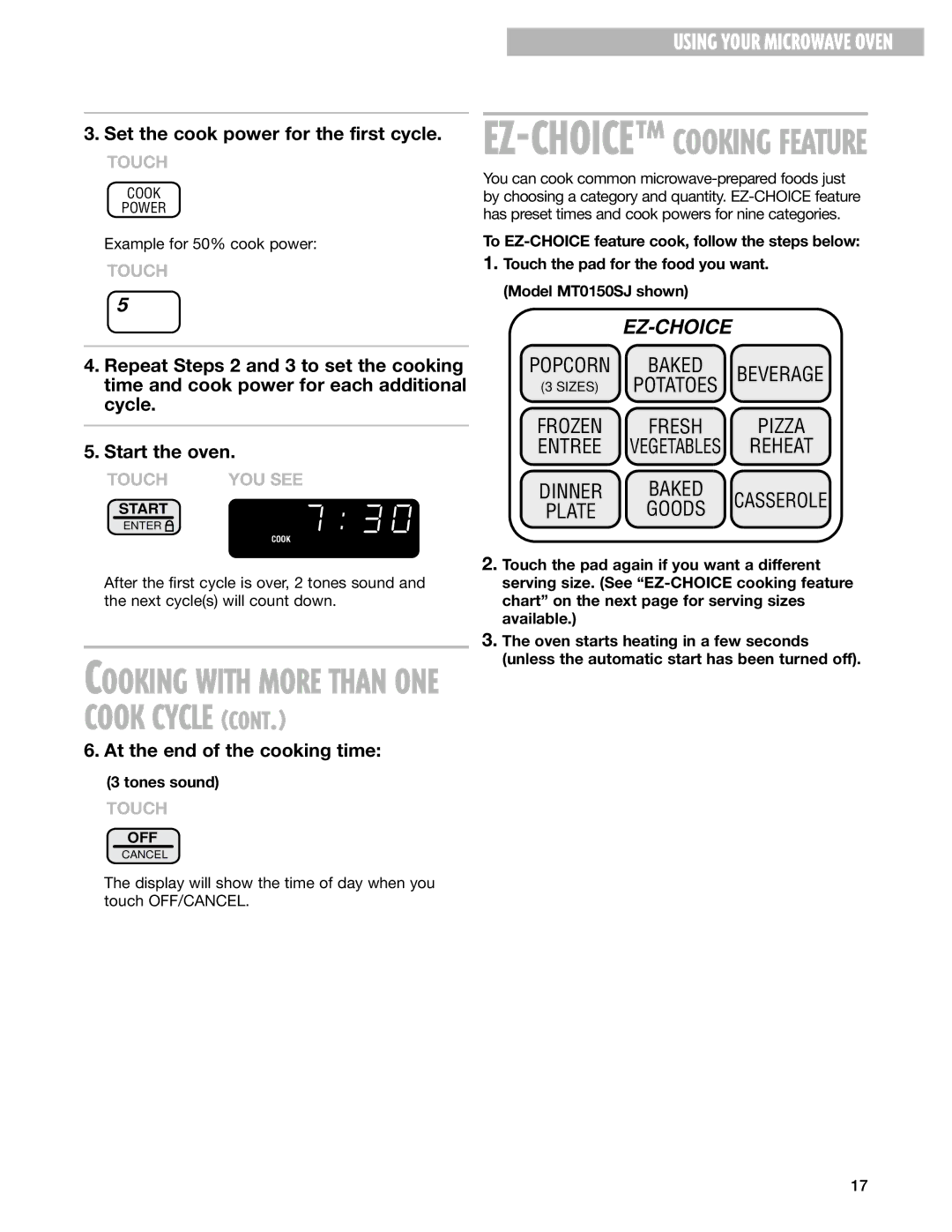 Whirlpool MT0130SJ, MT0150SJ installation instructions Cooking with More than ONE Cook Cycle 