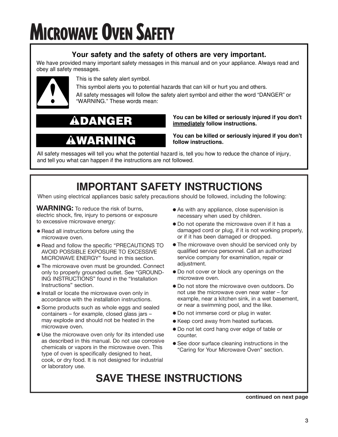 Whirlpool MT0130SJ, MT0150SJ installation instructions Microwave Oven Safety, On next 