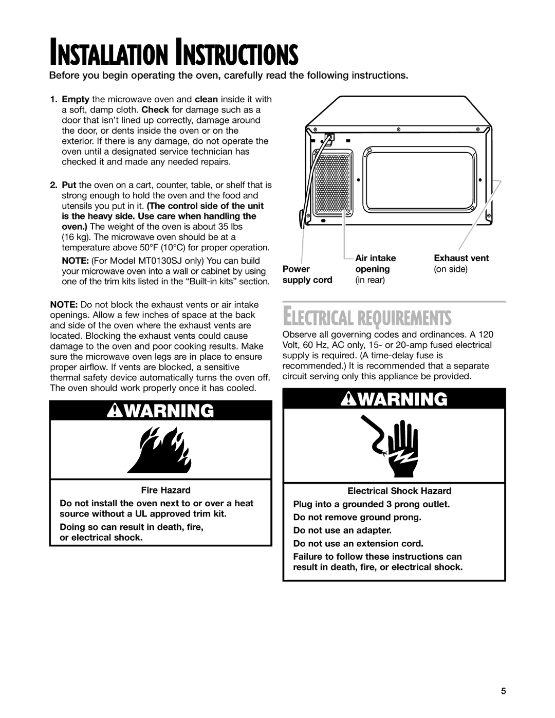 Whirlpool MT0130SJ, MT0150SJ installation instructions Installation Instructions 