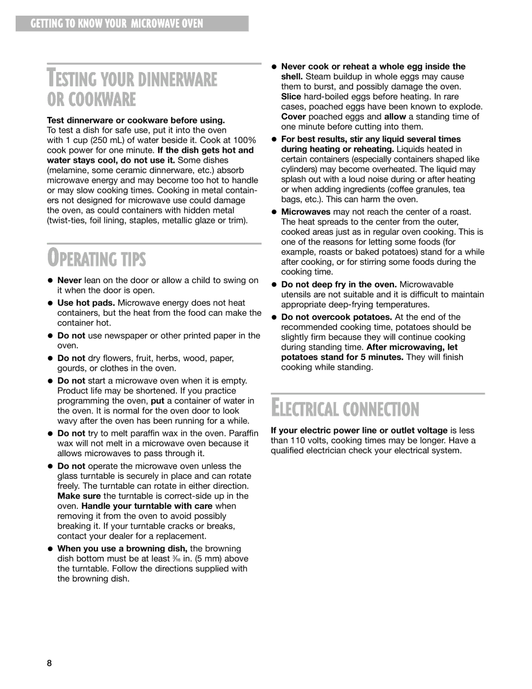 Whirlpool MT0150SJ, MT0130SJ installation instructions Or Cookware, Operating Tips 