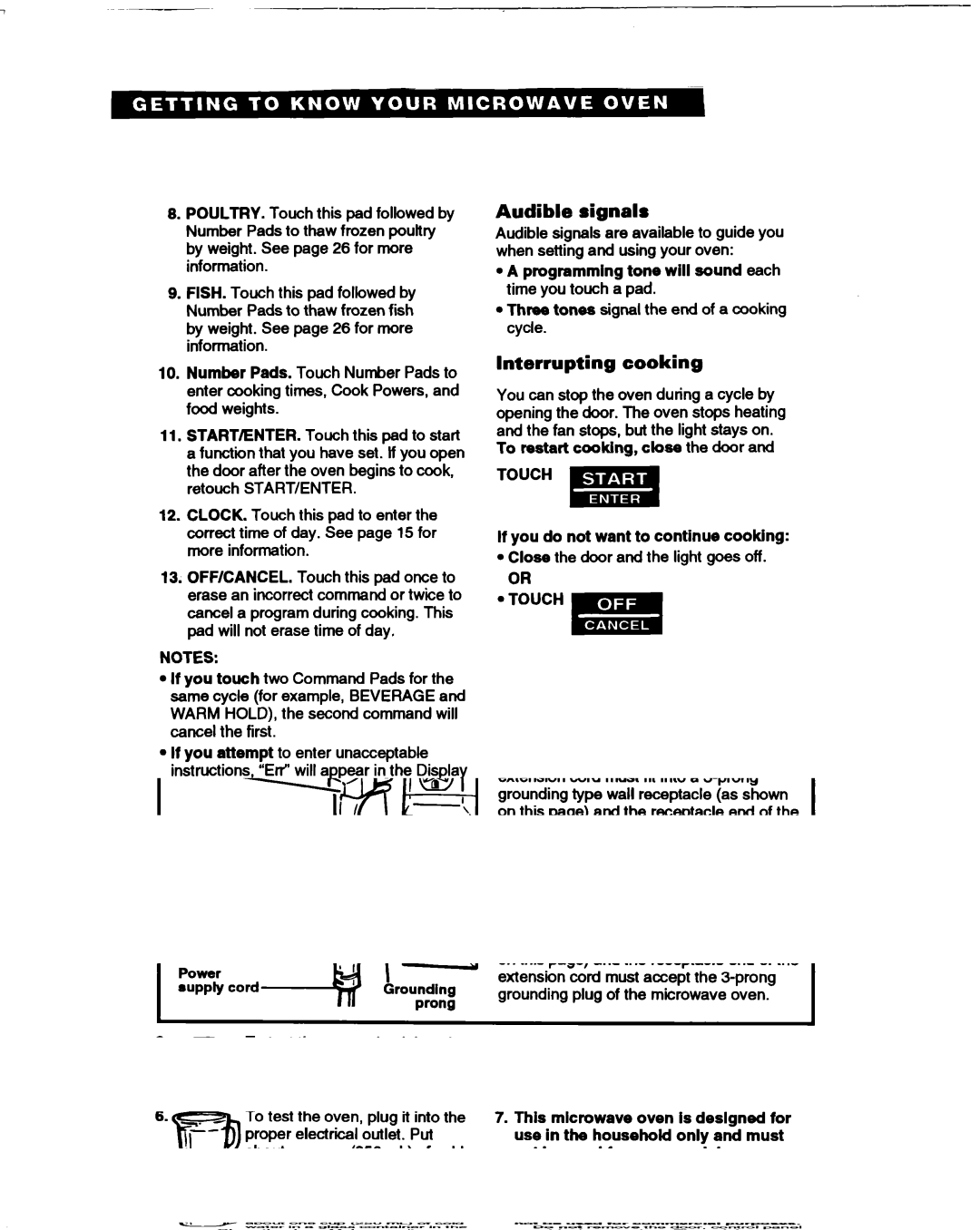 Whirlpool MT1061XB installation instructions Audible signals, Interrupting cooking, Touch 