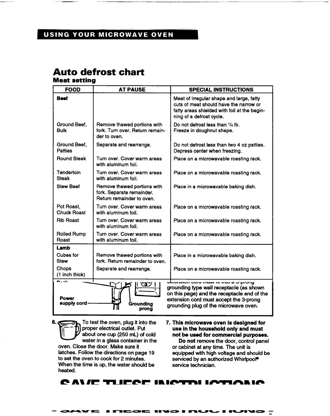 Whirlpool MT1061XB installation instructions Auto defrost chart, Meat settin 