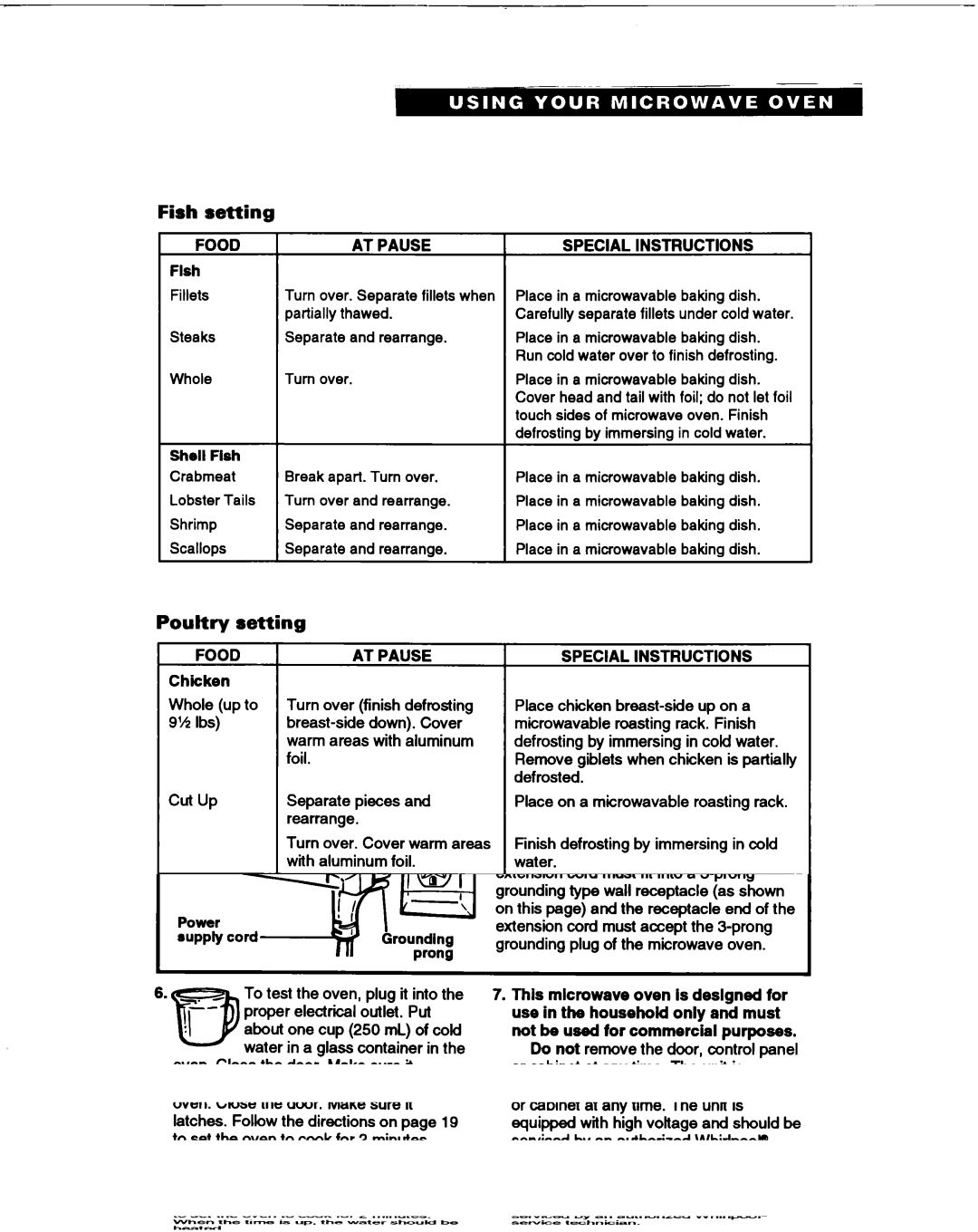 Whirlpool MT1061XB installation instructions Fish Setting, Poultry setting, Food AT Pause Special Instructions 